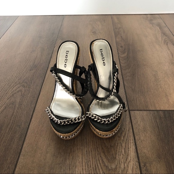 Rare BEBE Black Thea Chain Espadrille Wedges - Picture 9 of 12